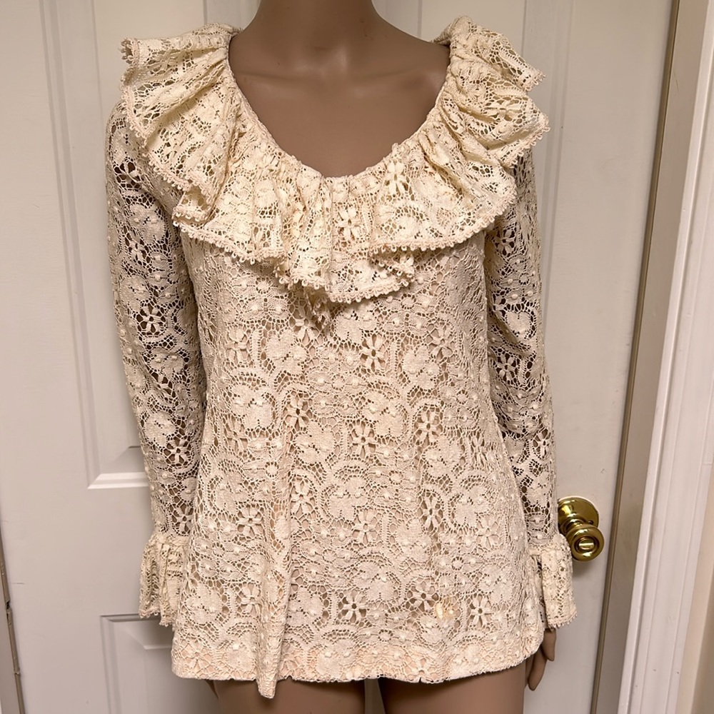 Stunning Vintage 1970s Ivory Lace Blouse Ruffled Collar Joy Stevens